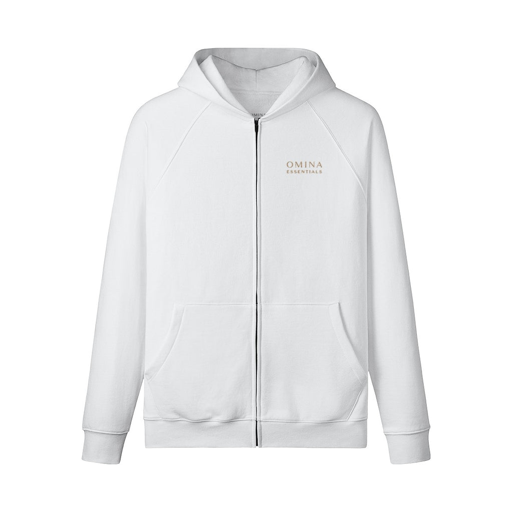 Omina white 100% combed cotton full-zip hoodie with brushed fleece interior and kangaroo pockets.