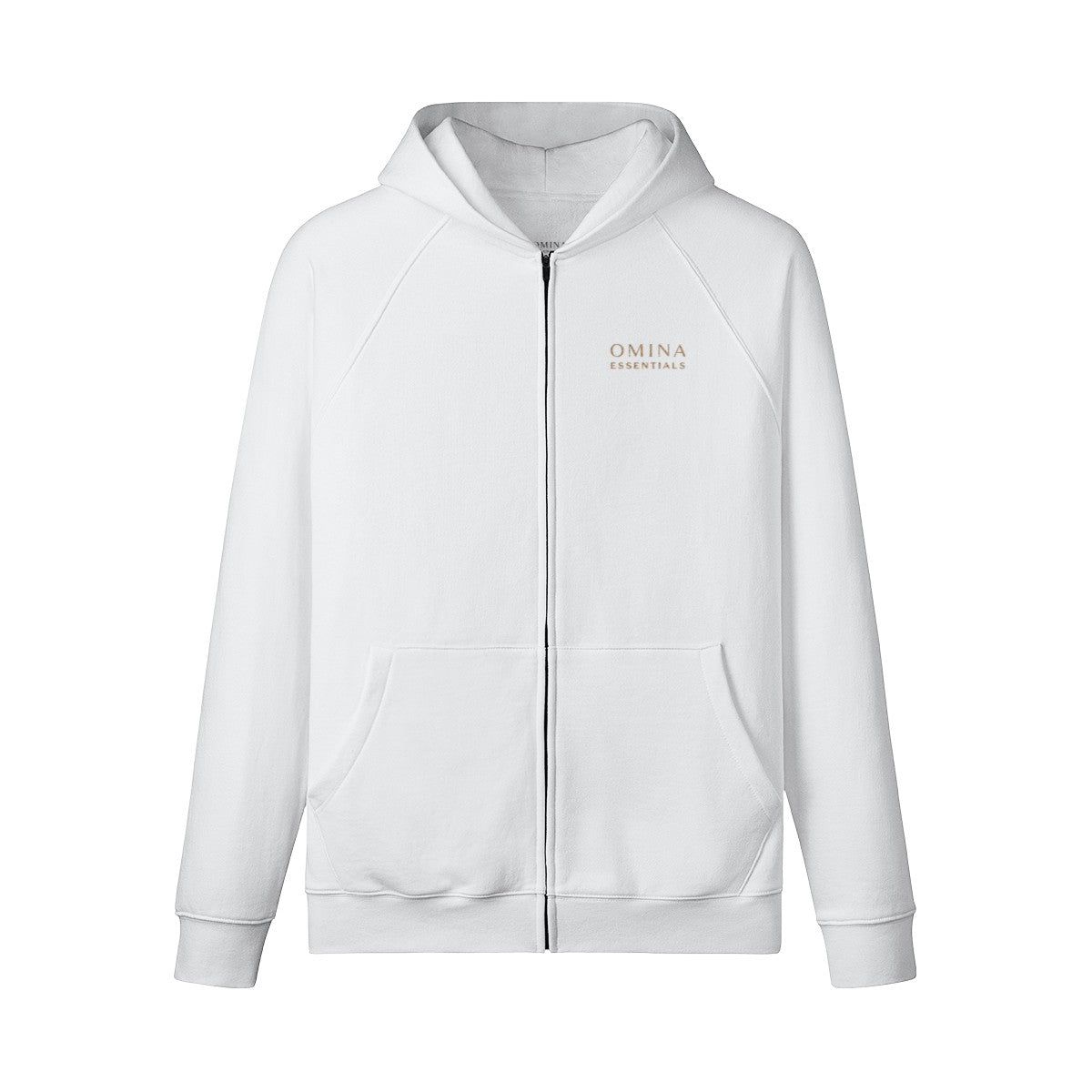 Omina white 100% combed cotton full-zip hoodie with brushed fleece interior and kangaroo pockets.