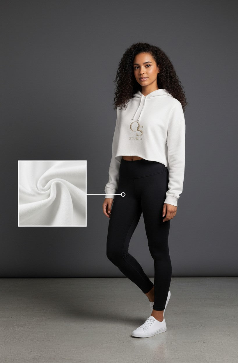 Omina white lightweight cotton blend cropped hoodie with drawstring hood and raw hem. Features subtle Omina Studio logo.