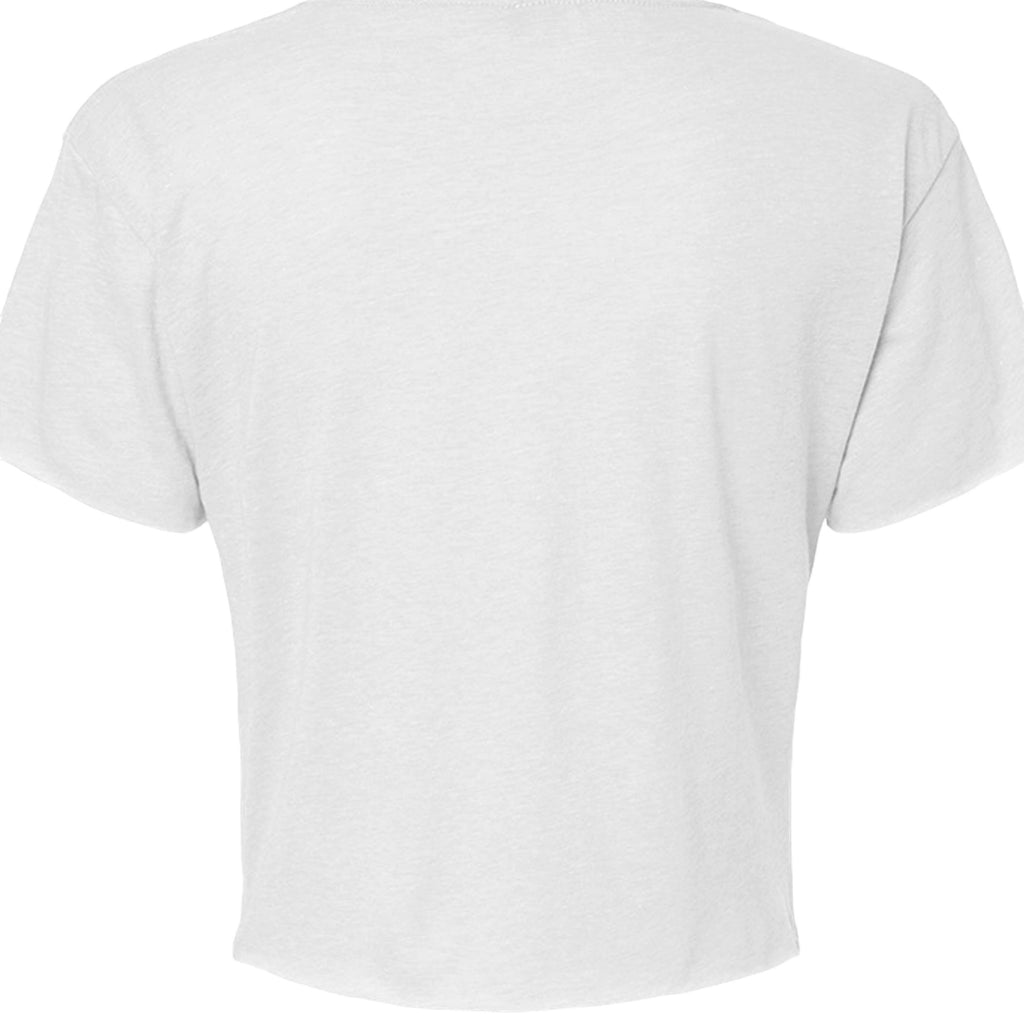 Omina Studio white cotton blend cropped t-shirt with raw edge hem and sleeves, featuring a Medusa bust graphic.