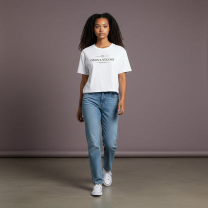Omina Studio white cotton blend OS Medusa cropped t-shirt with minimalist logo and Roman numerals.