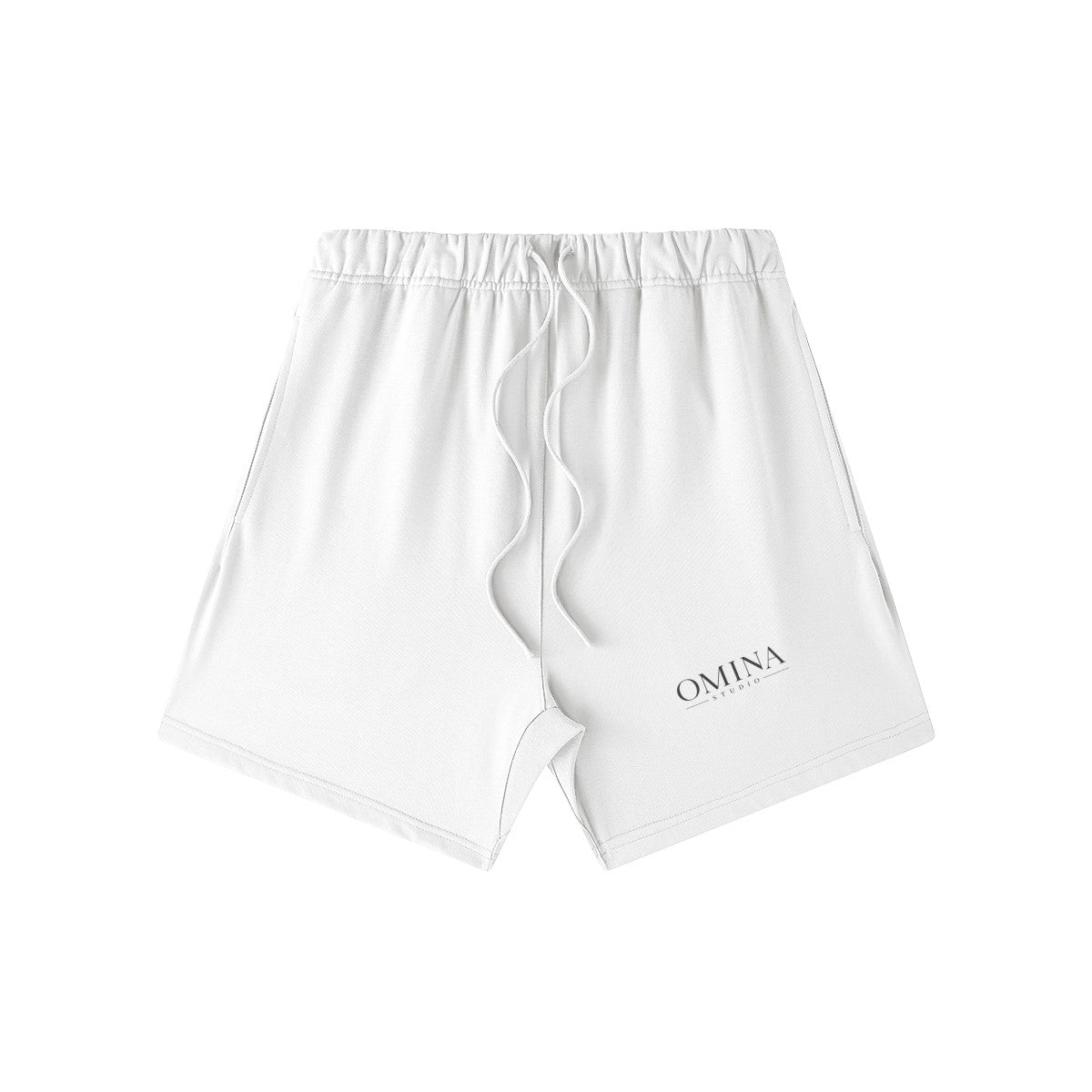 Omina Studio white heavyweight French terry shorts with drawstring and subtle logo detail. Relaxed fit for everyday comfort.