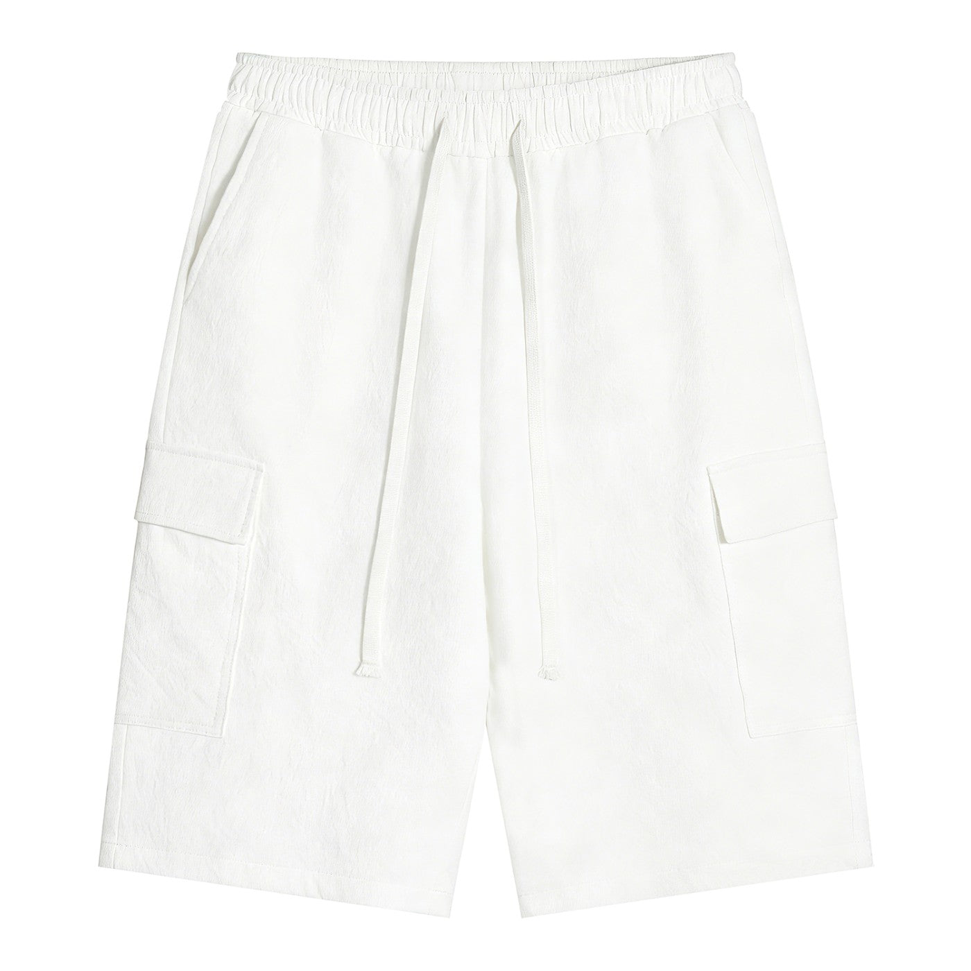 Omina white polyester cargo shorts with drawstring elastic waistband and functional pockets. Relaxed unisex fit.