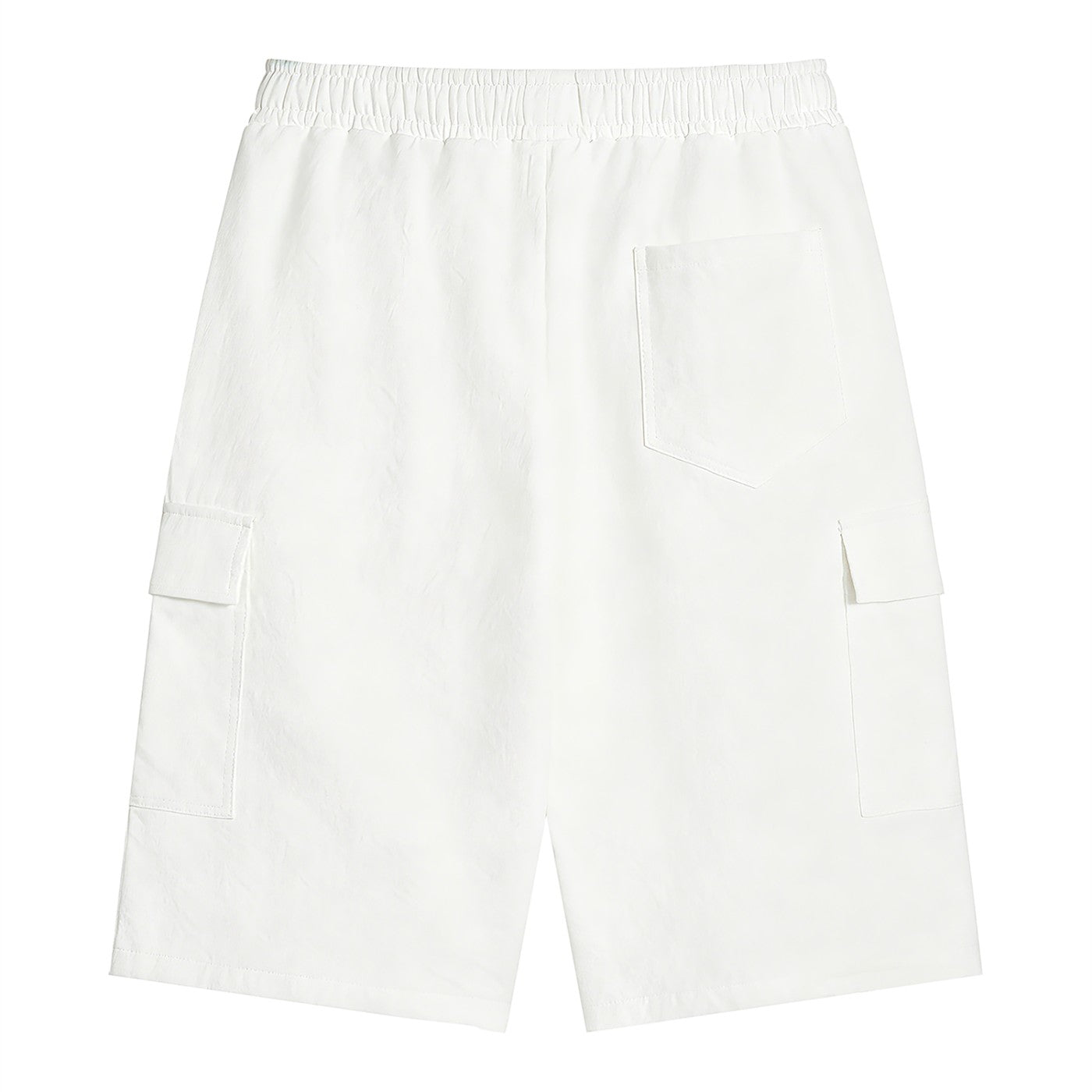 Omina white polyester cargo shorts with elastic waistband and drawstring, featuring functional pockets.