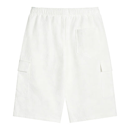 Omina white polyester cargo shorts with elastic waistband and drawstring, featuring functional pockets.