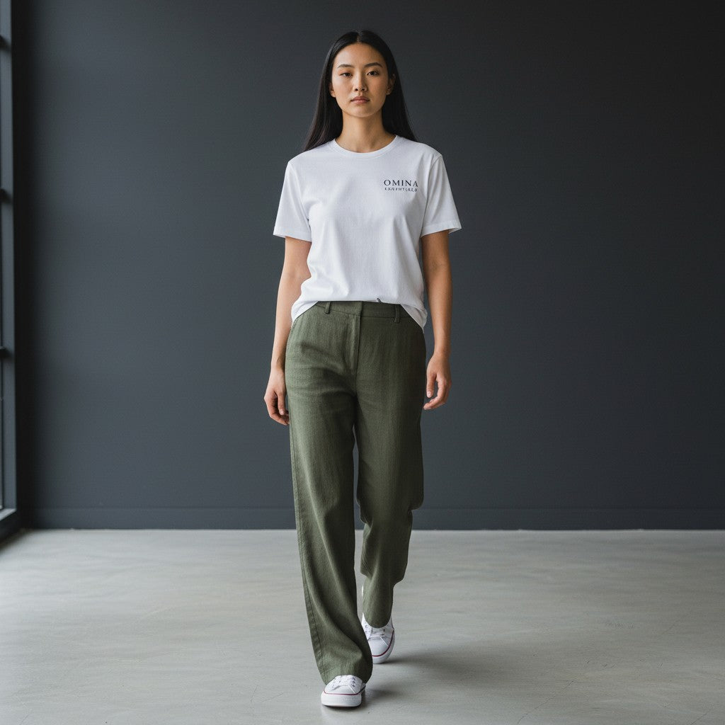 Omina white soft cotton blend women's crew neck t-shirt with small logo on chest