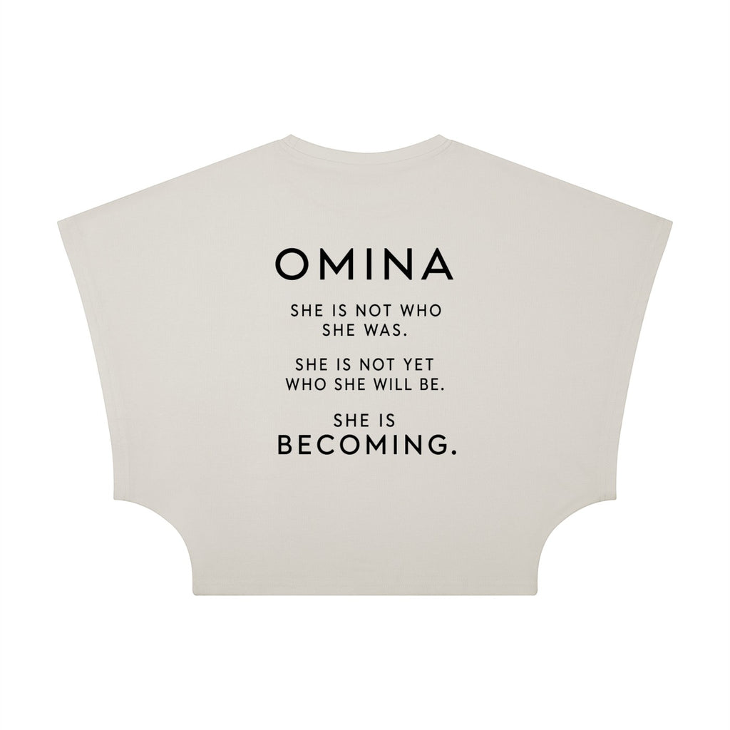 Omina women's cropped dolman t-shirt in cream with a round neck and short raglan sleeves. Features text graphic.