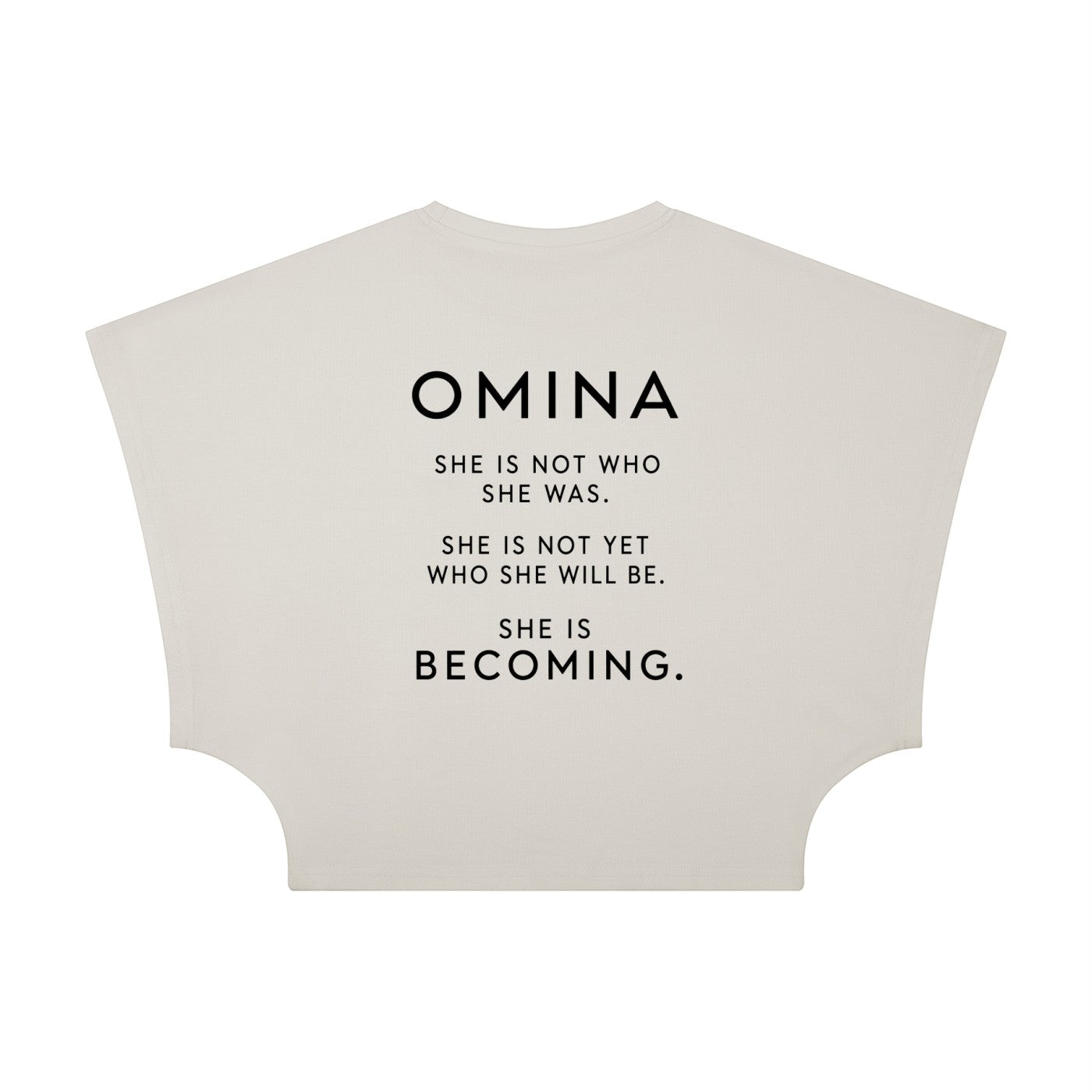 Omina women's cropped dolman t-shirt in cream with a round neck and short raglan sleeves. Features text graphic.