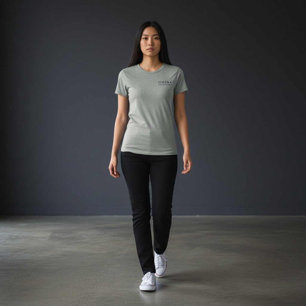 Omina grey soft-touch cotton blend women's tee with minimalist logo on left chest.