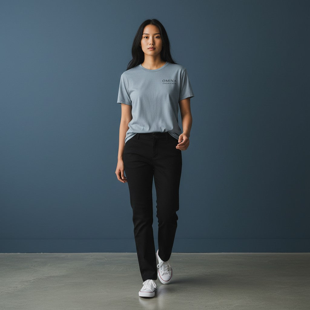 Omina women's grey soft-touch cotton blend t-shirt with minimalist logo on chest.