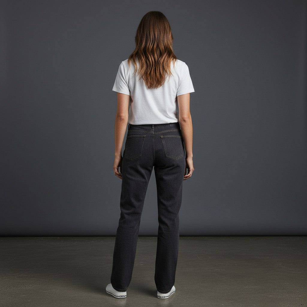 OMINA Essentials Women’s dark wash high-rise skinny jeans made from soft stretch denim.