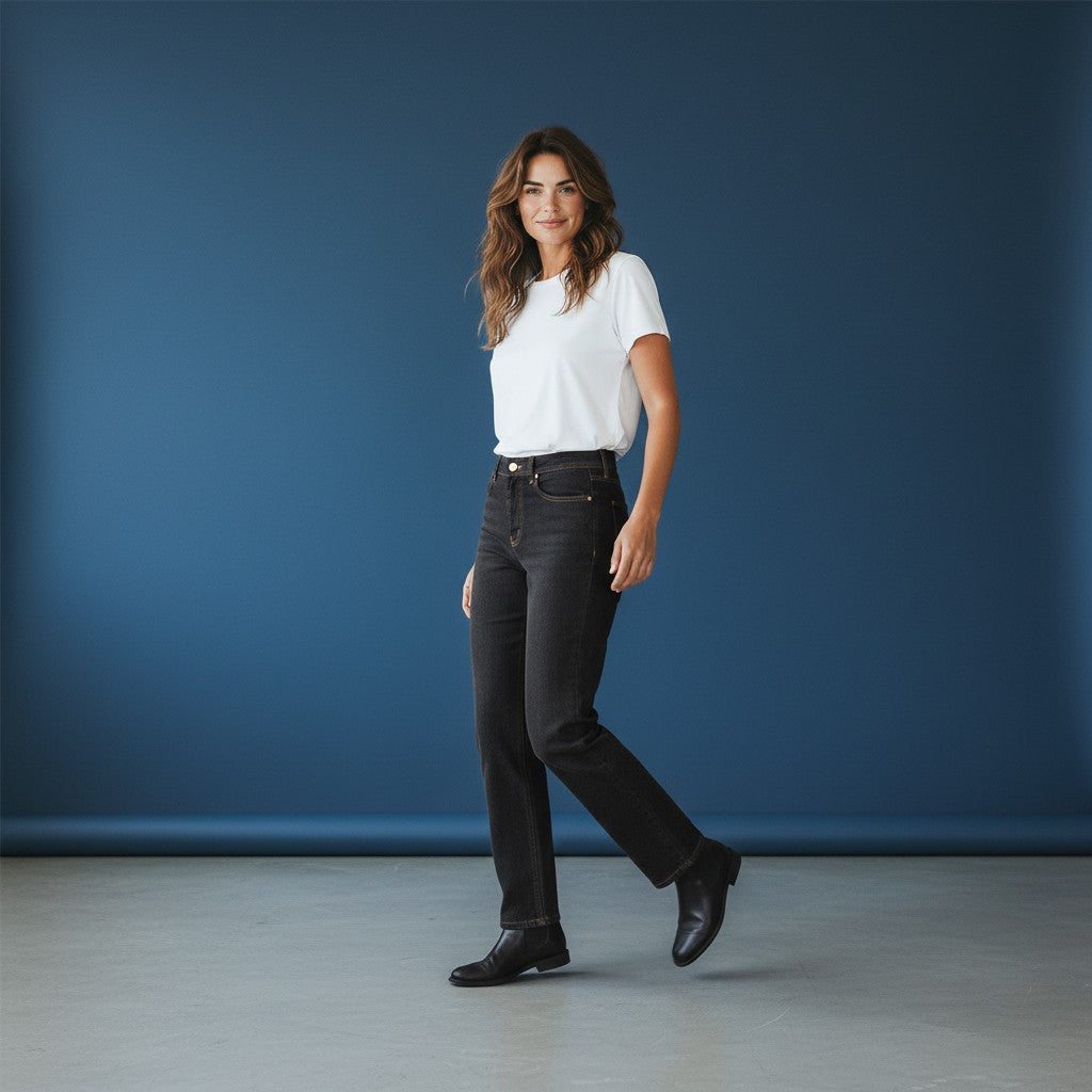 OMINA Essentials Women’s dark wash high-rise skinny jeans made from soft stretch denim for comfort and movement.
