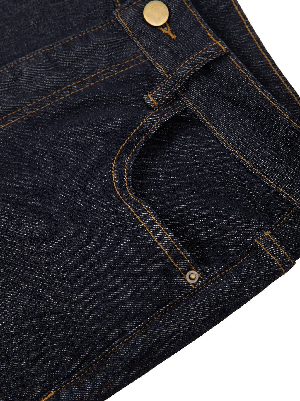 OMINA Essentials Women’s dark wash high-rise skinny jeans with gold button and contrast stitching.