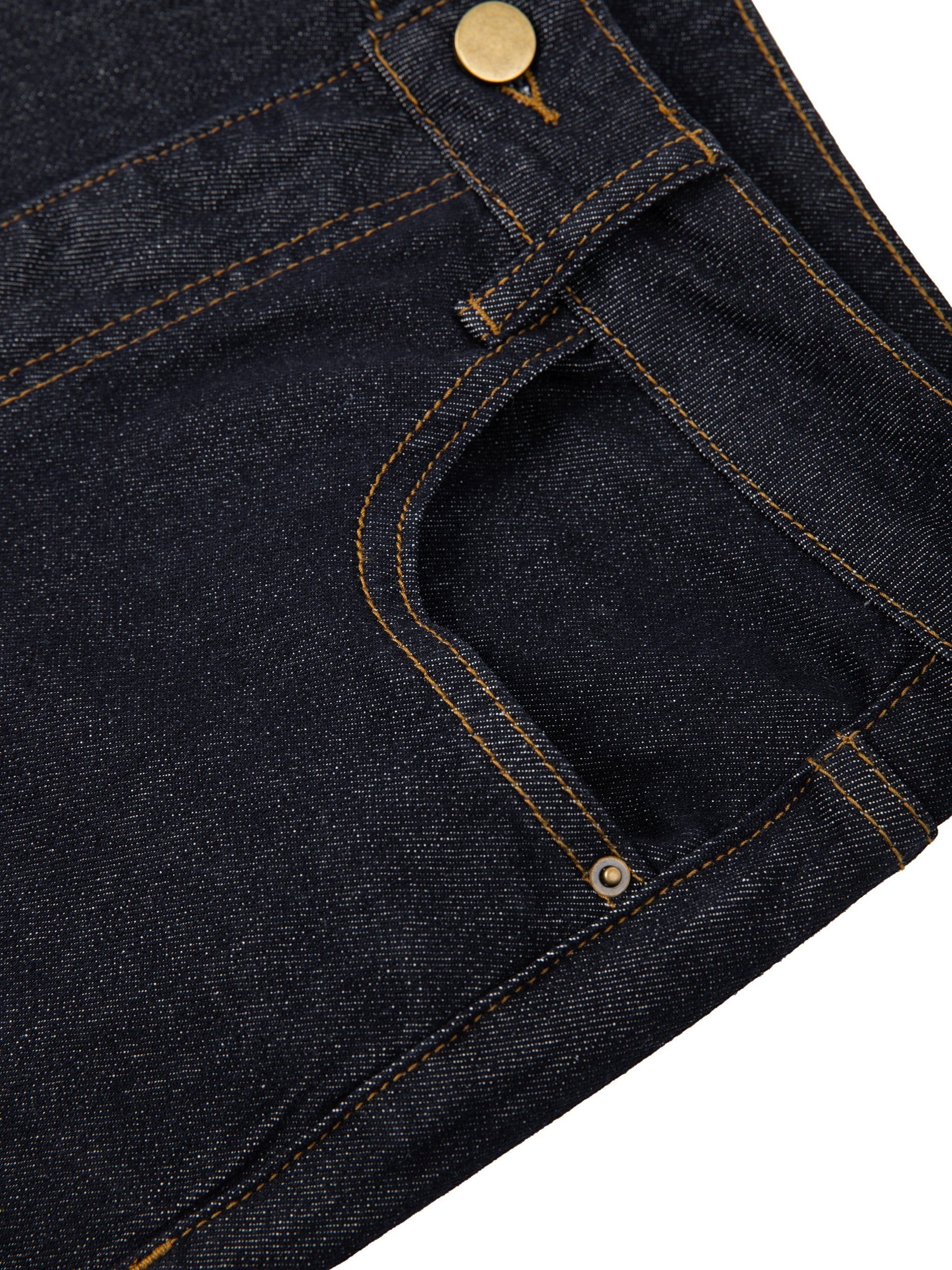 OMINA Essentials Women’s dark wash high-rise skinny jeans with gold button and contrast stitching.