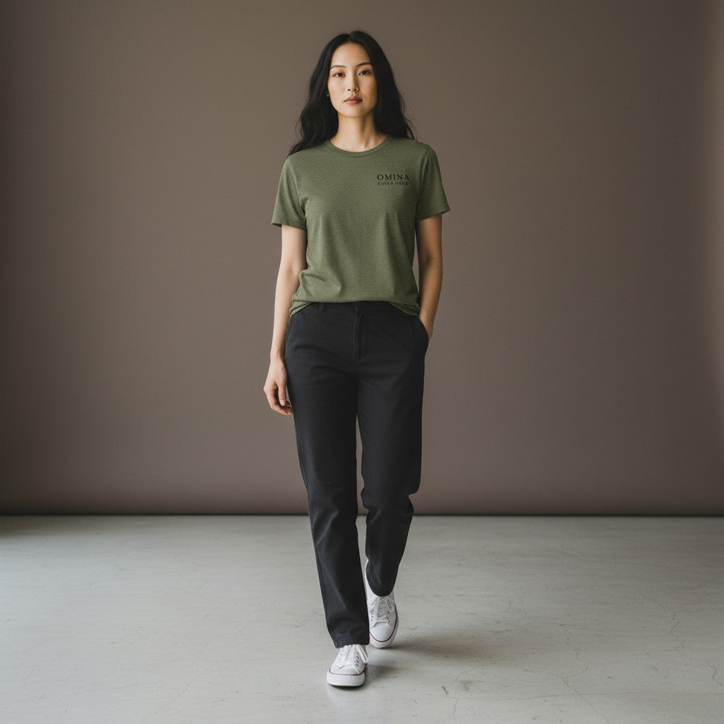 Omina Essentials women's olive green soft-touch cotton blend t-shirt with minimalist logo on chest.