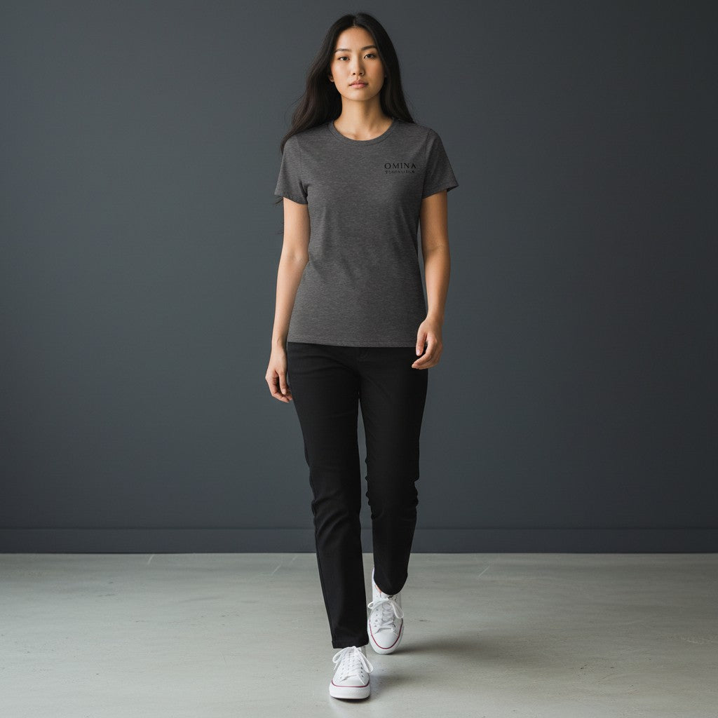 Omina charcoal grey soft-touch women's tee with a modern fit and minimalist Omina Essentials logo on the left chest.