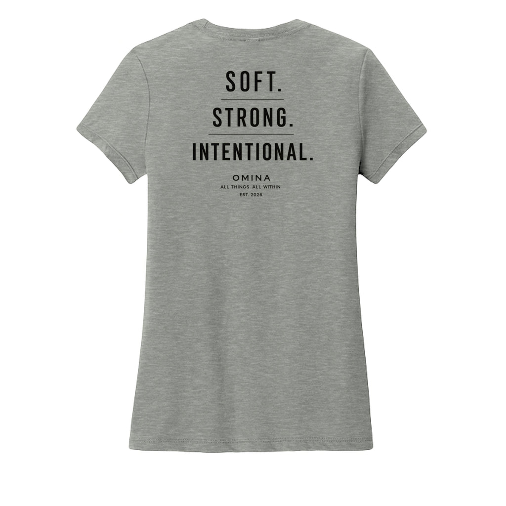 Omina grey soft cotton women's t-shirt with 'SOFT. STRONG. INTENTIONAL.' text on back.