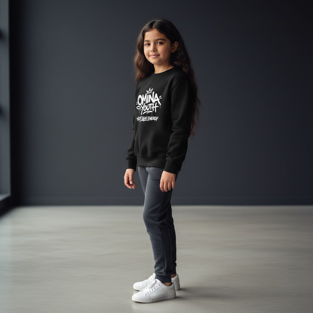 Omina Youth black crewneck sweatshirt with white graffiti-style logo and "Next Gen Energy" text.