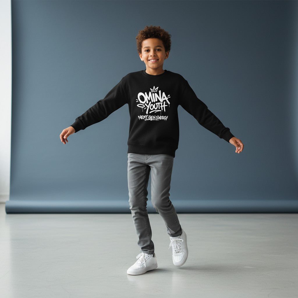 Omina Youth black crewneck sweatshirt with white graffiti-style logo and "Next Gen Energy" text.