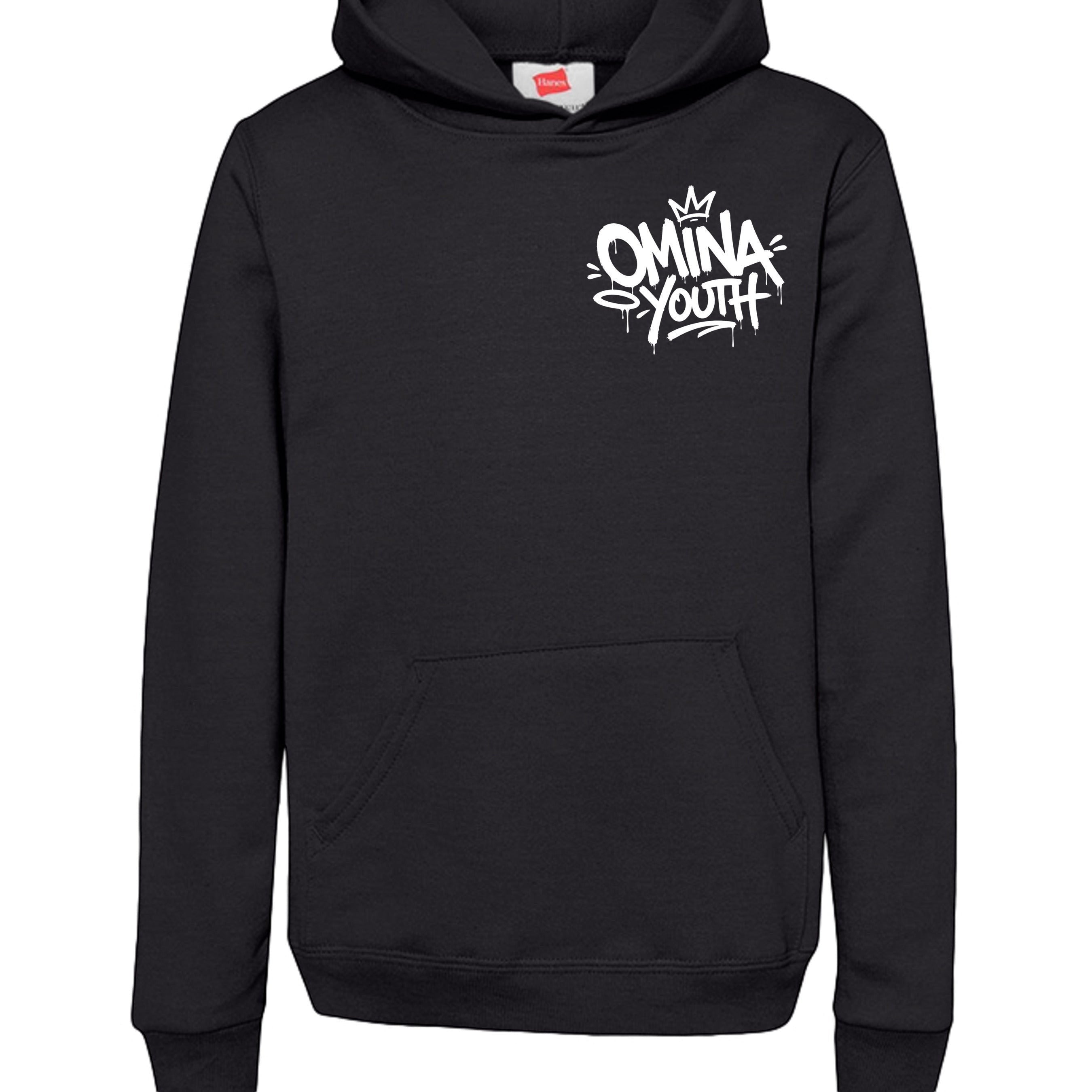 Omina black heavyweight cotton youth hoodie with graffiti-style logo on chest. Relaxed fit.