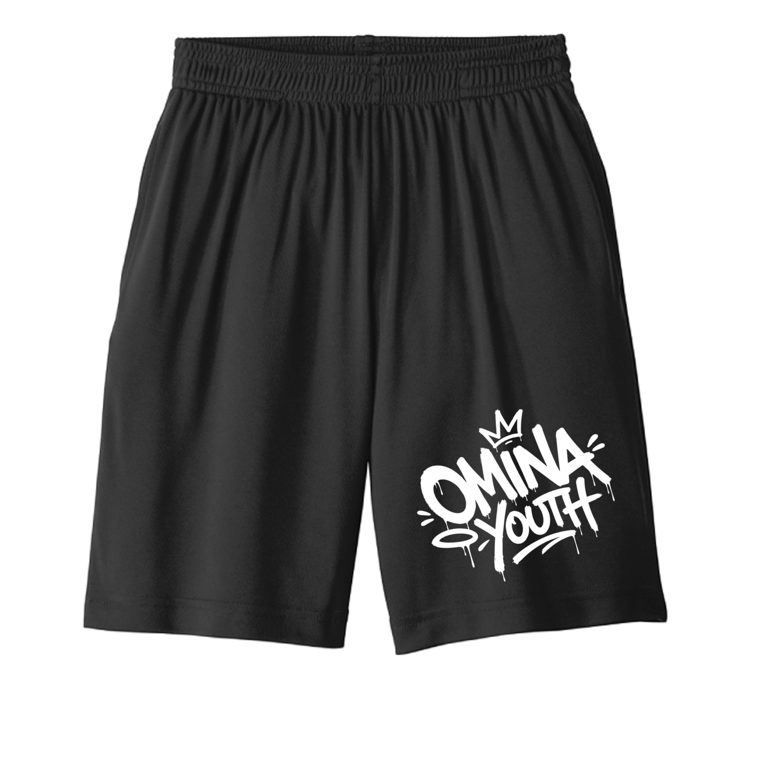 Omina Youth black relaxed fit shorts with white graffiti-style logo on the left leg. Elastic waistband.