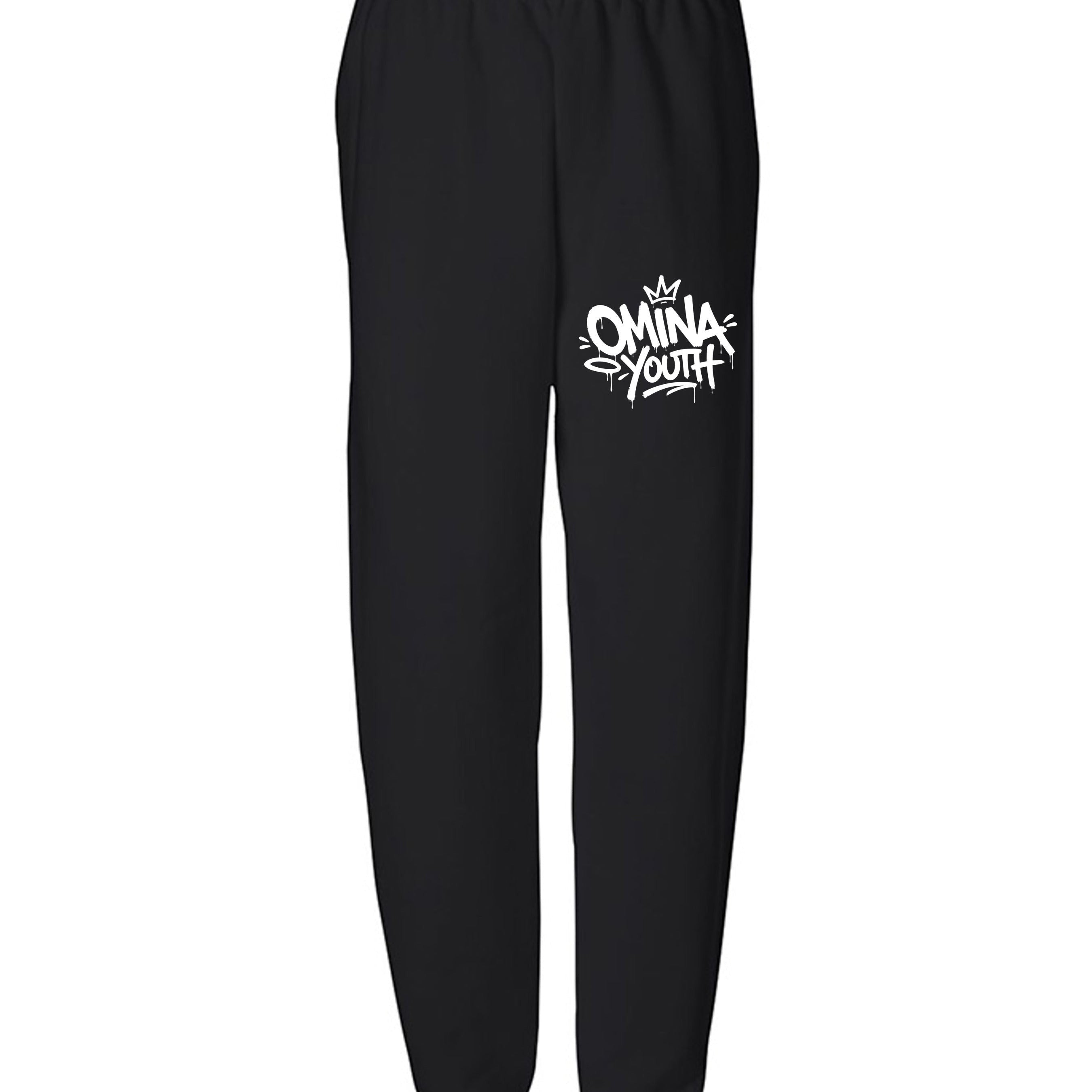 Omina Youth black sweatpants with white graffiti logo on left thigh. Relaxed fit, premium fabric, adjustable waistband.