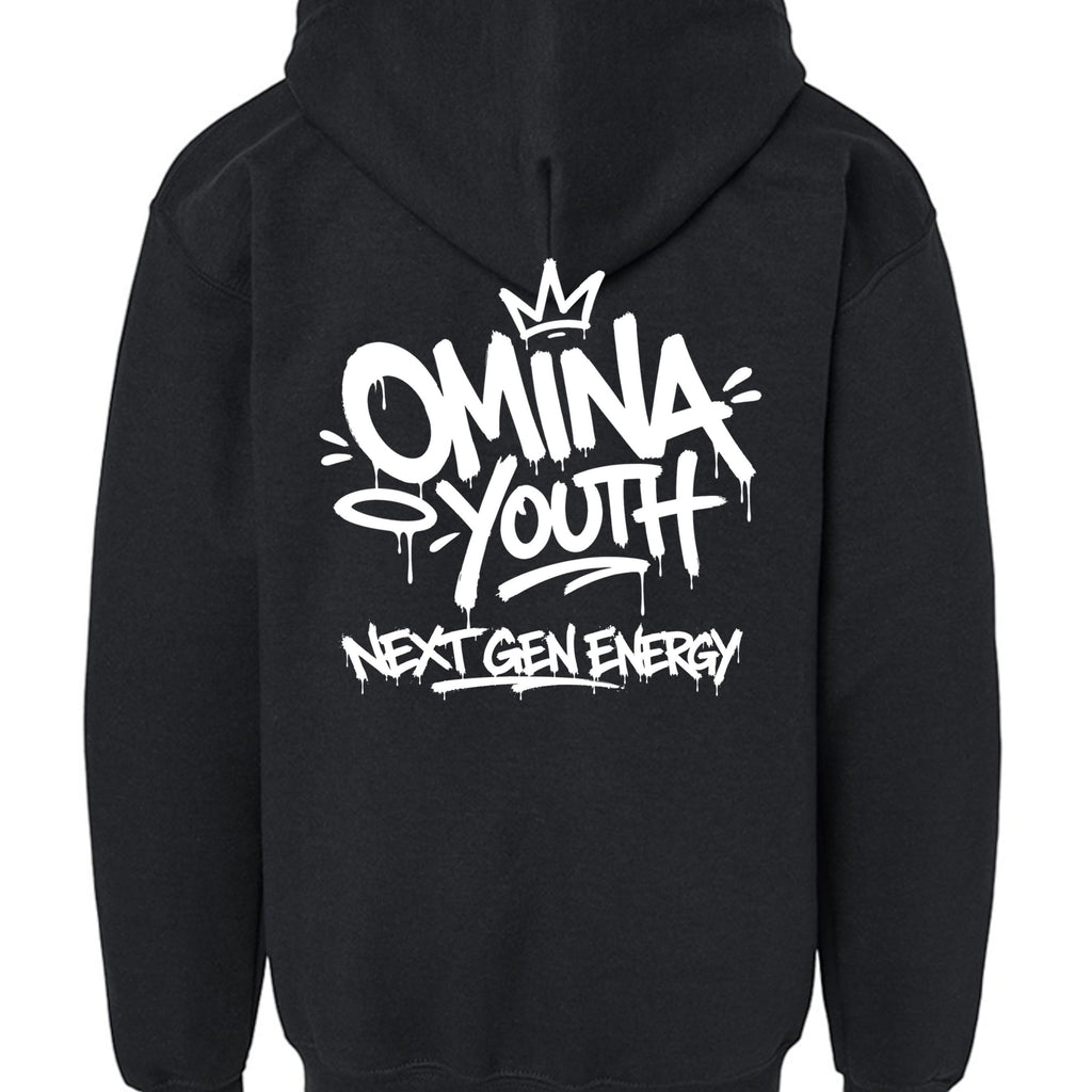 Omina Youth black cotton sweatshirt with white graffiti-style logo and "Next Gen Energy" text.