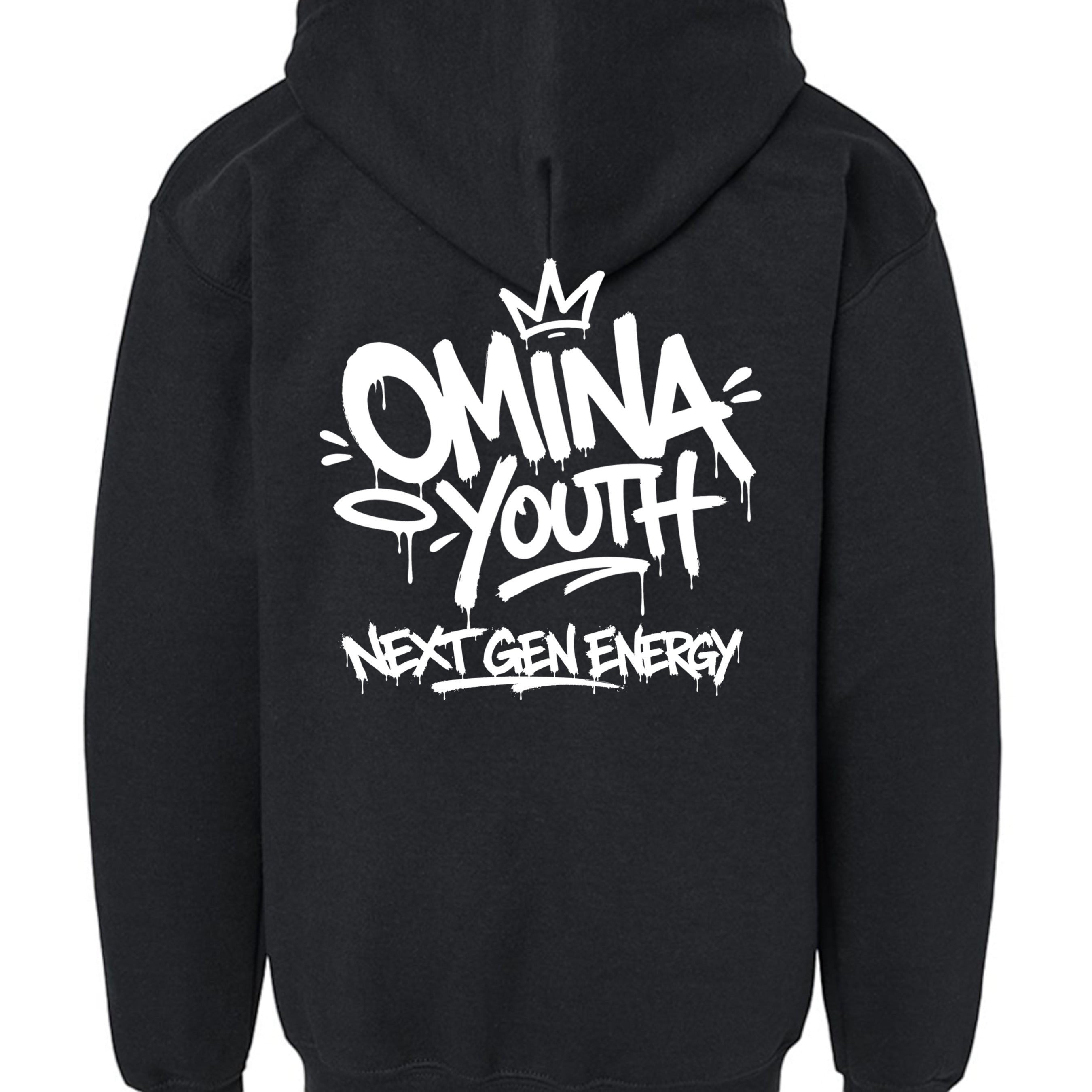 Omina Youth black cotton sweatshirt with white graffiti-style logo and "Next Gen Energy" text.
