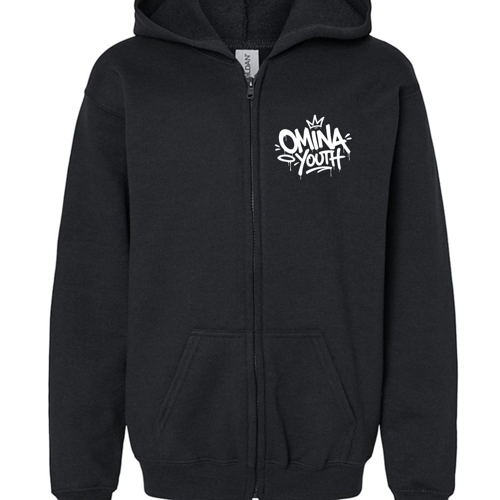 Omina Youth black zip-up hoodie with white graffiti-style logo on chest. Relaxed fit, soft interior, streetwear silhouette.