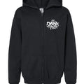 Omina Youth black zip-up hoodie with white graffiti-style logo on chest. Relaxed fit, soft interior, streetwear silhouette.