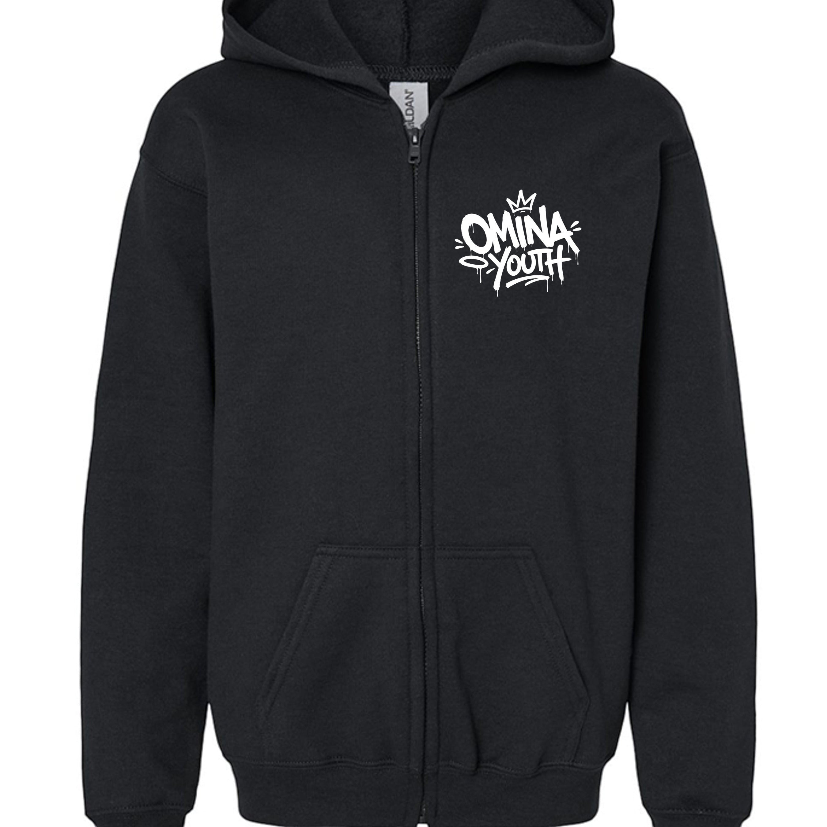 Omina Youth black zip-up hoodie with white graffiti-style logo on chest. Relaxed fit, soft interior, streetwear silhouette.