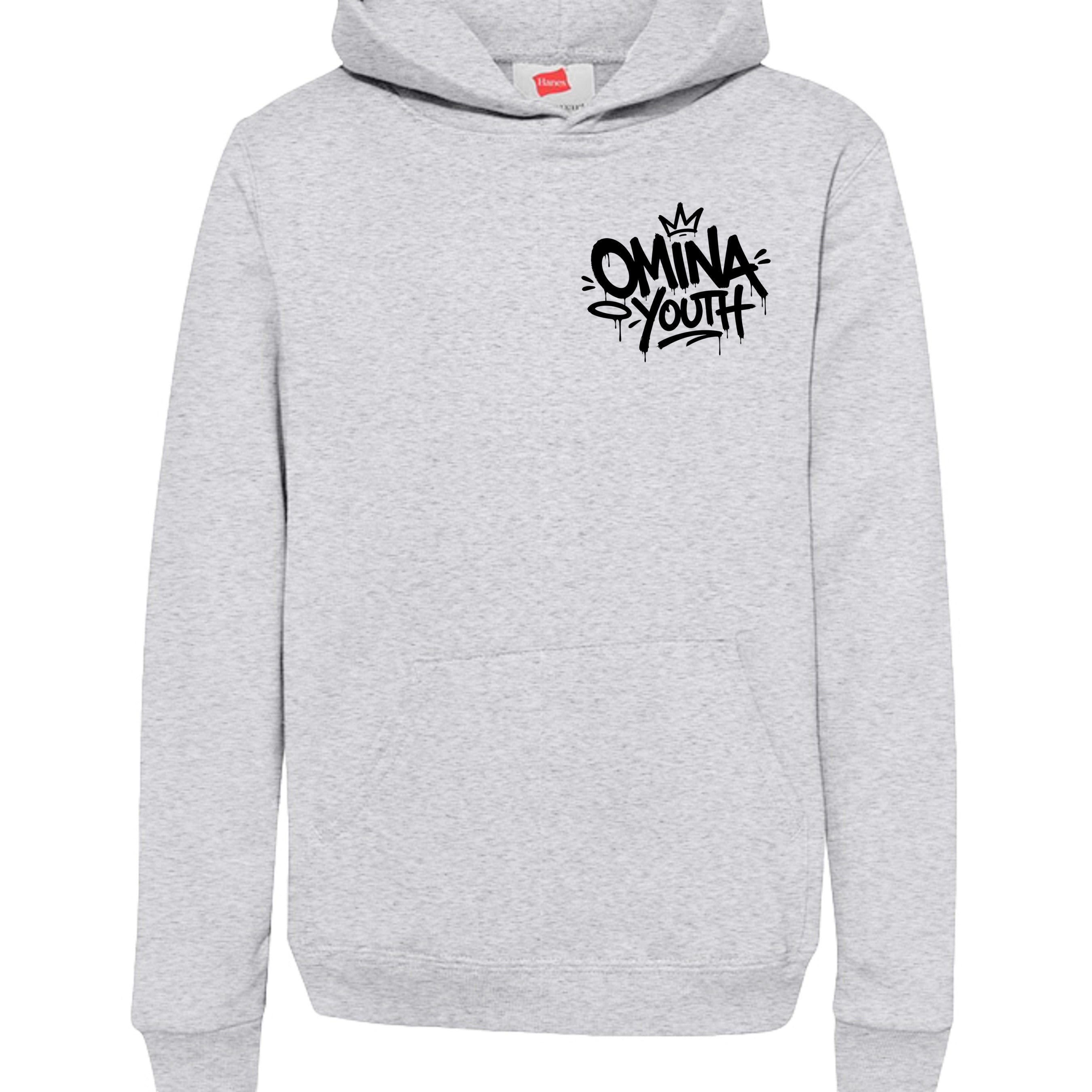 Omina grey heather heavyweight cotton blend youth hoodie with black graffiti logo on chest. Relaxed fit.