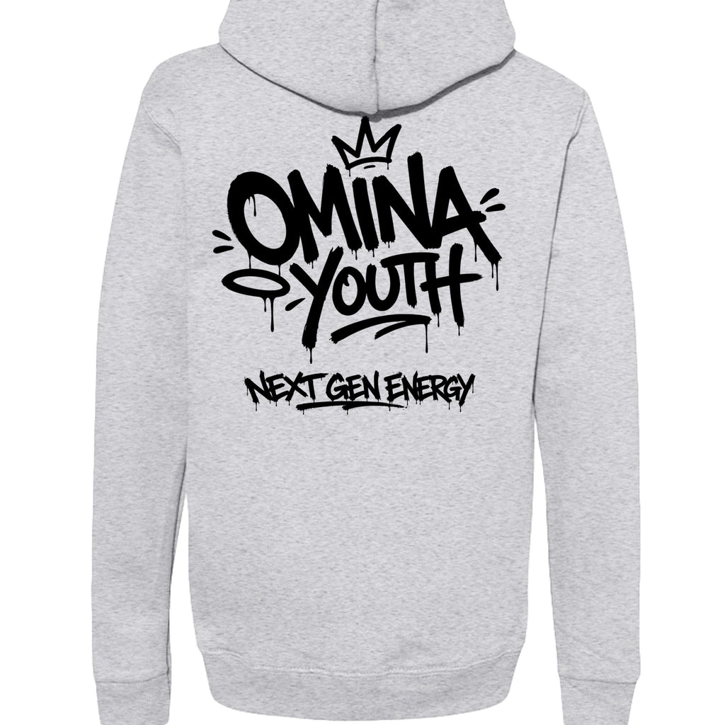 Omina Youth grey heavyweight hoodie with black graffiti-style logo and "Next Gen Energy" text.
