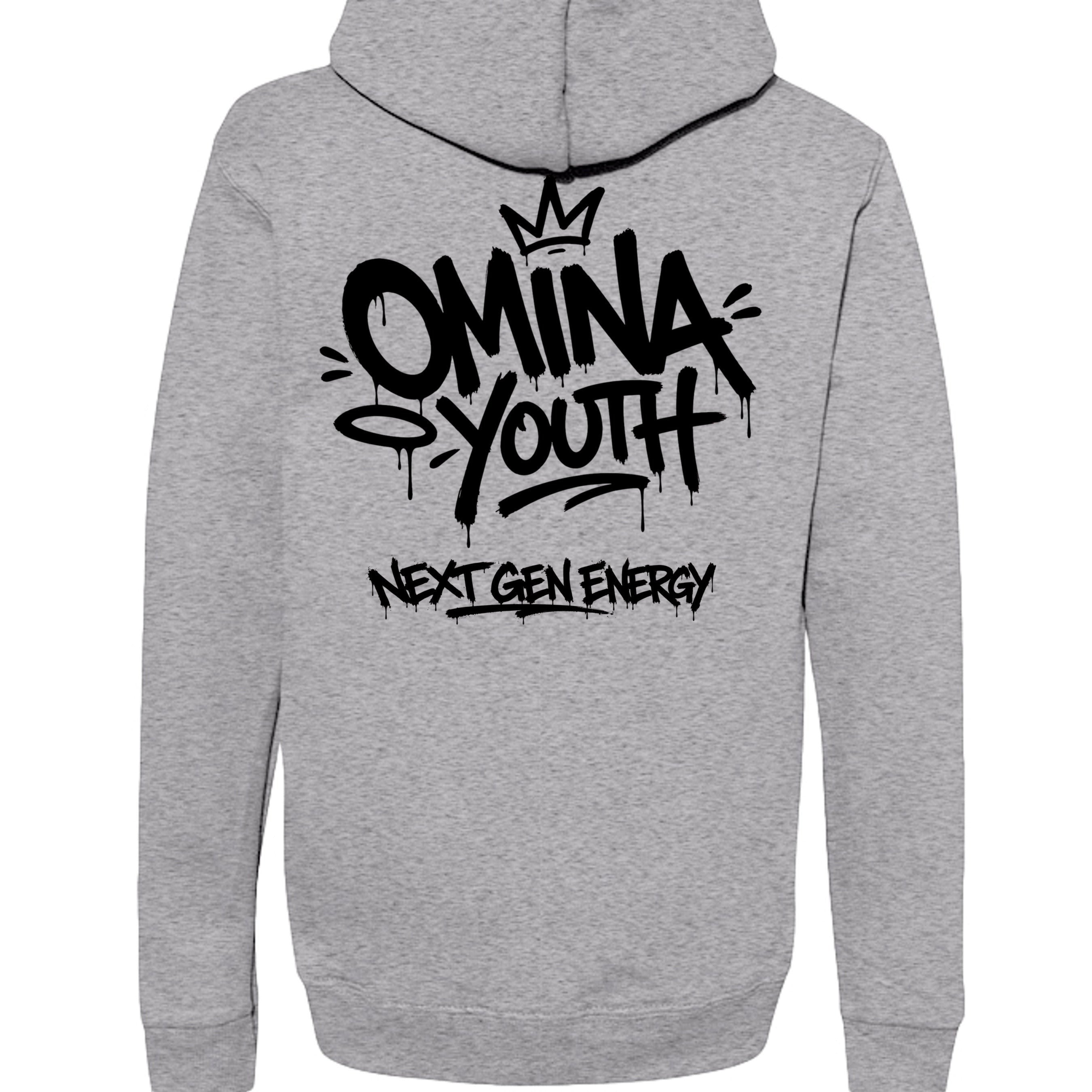 Omina Youth grey heavyweight hoodie with black graffiti-style logo and "Next Gen Energy" text.