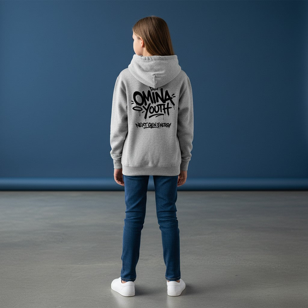 Omina Youth grey heavyweight cotton blend hoodie with black graffiti-style logo and "Next Gen Energy" text on back.