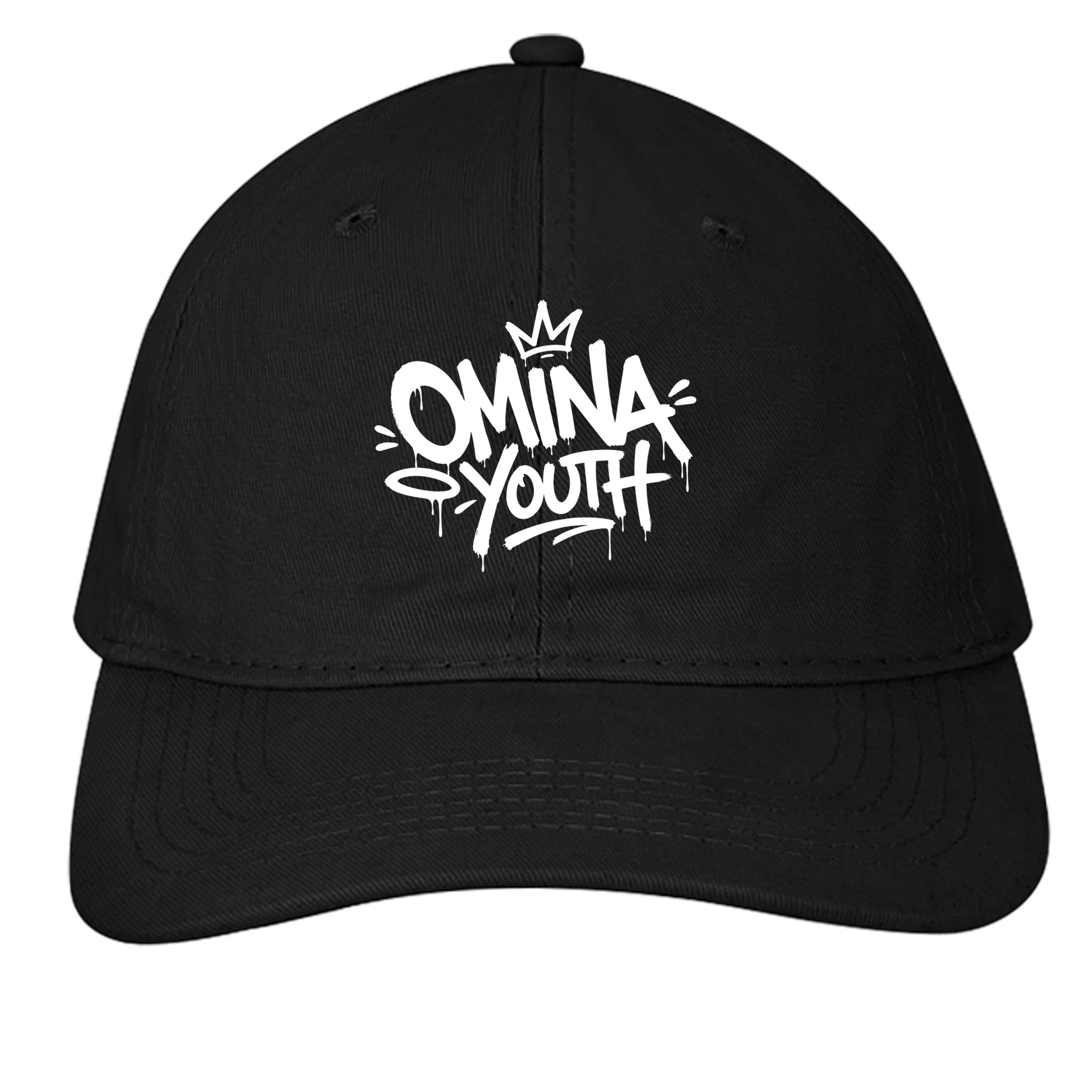 Omina black cotton twill youth cap with white Omina Youth graffiti logo and adjustable buckle closure.