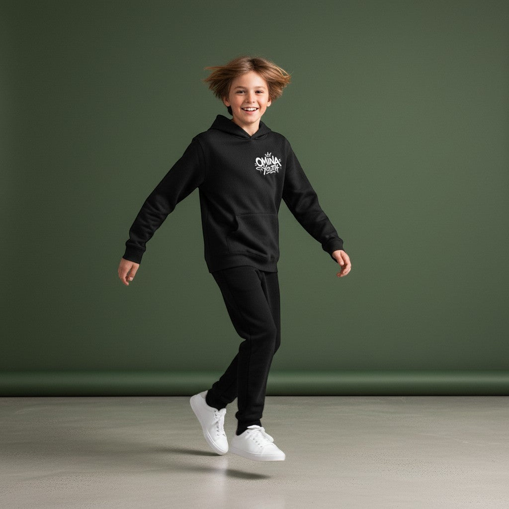 Omina black heavyweight cotton blend hoodie with graffiti-style Omina Youth logo on chest. Relaxed fit.