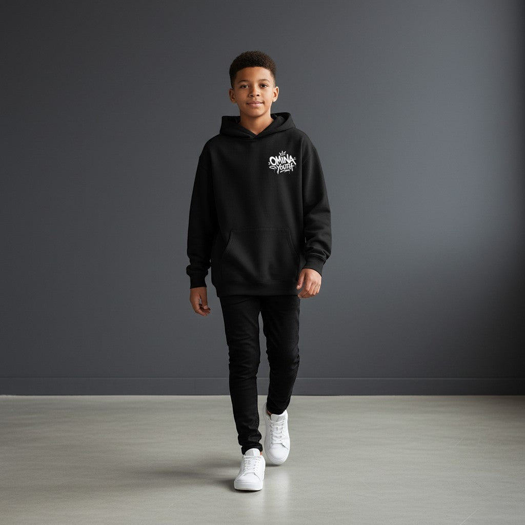 Omina black heavyweight cotton youth hoodie with graffiti-style logo on chest. Relaxed fit.