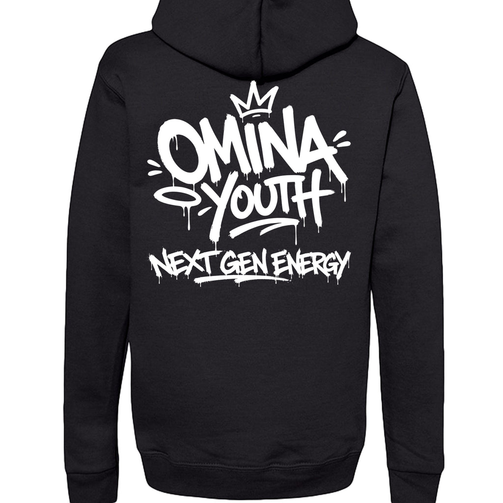 Omina black heavyweight hoodie with graffiti-style Omina Youth Next Gen Energy graphic on back.