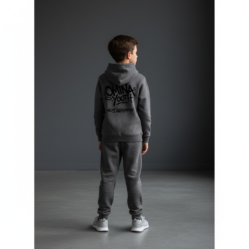 Omina dark grey heavyweight cotton blend hoodie with graffiti-style Omina Youth logo and Next Gen Energy text.
