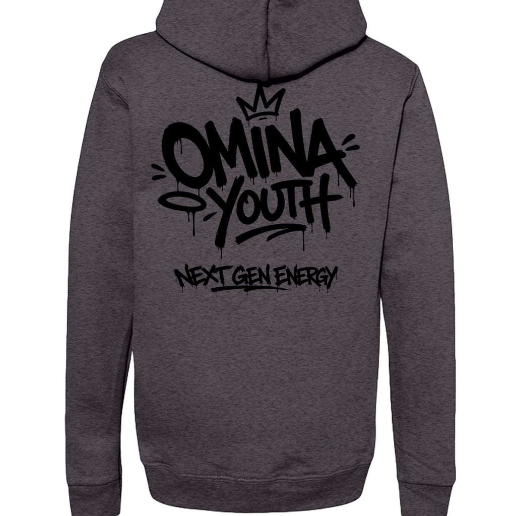 Omina dark grey heavyweight cotton blend hoodie with graffiti-style Omina Youth Next Gen Energy graphic on back.