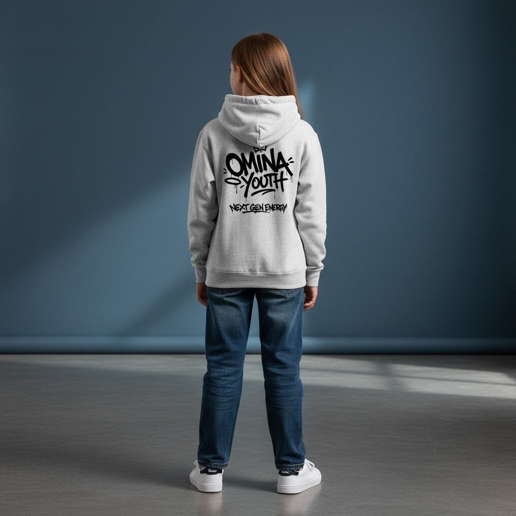 Omina grey heavyweight hoodie with black graffiti-style Omina Youth logo and Next Gen Energy text.