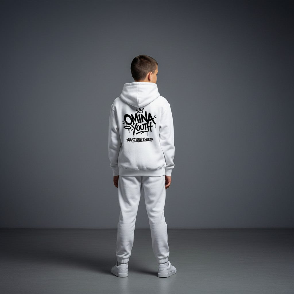 Omina white heavyweight cotton hoodie with graffiti-style OMINA Youth logo and Next Gen Energy text.