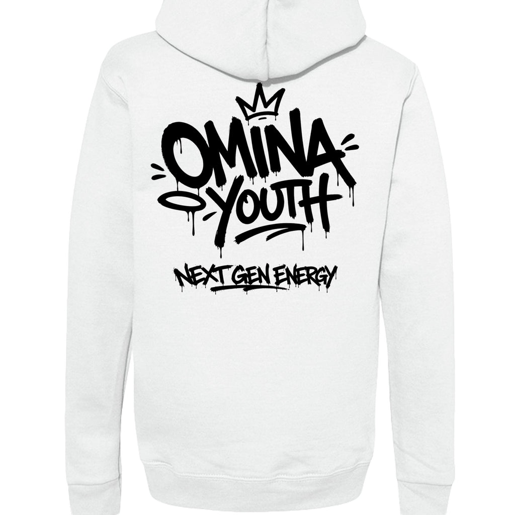 Omina white heavyweight cotton hoodie with black graffiti-style OMINA Youth logo and "NEXT GEN ENERGY" text.