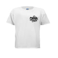 Omina Youth white 100% cotton t-shirt with black graffiti-style logo on chest. Relaxed fit, crew neck.