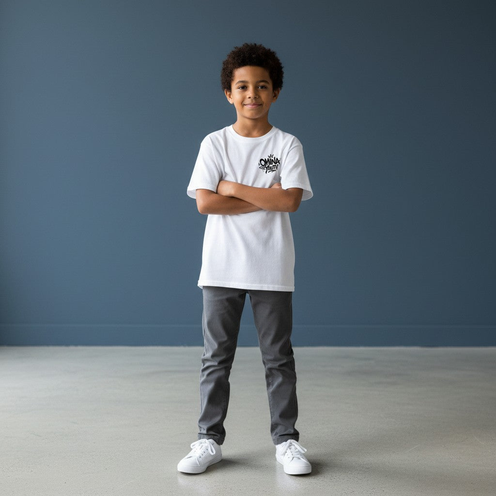 Omina Youth white 100% cotton t-shirt with black graffiti-style logo on the left chest.