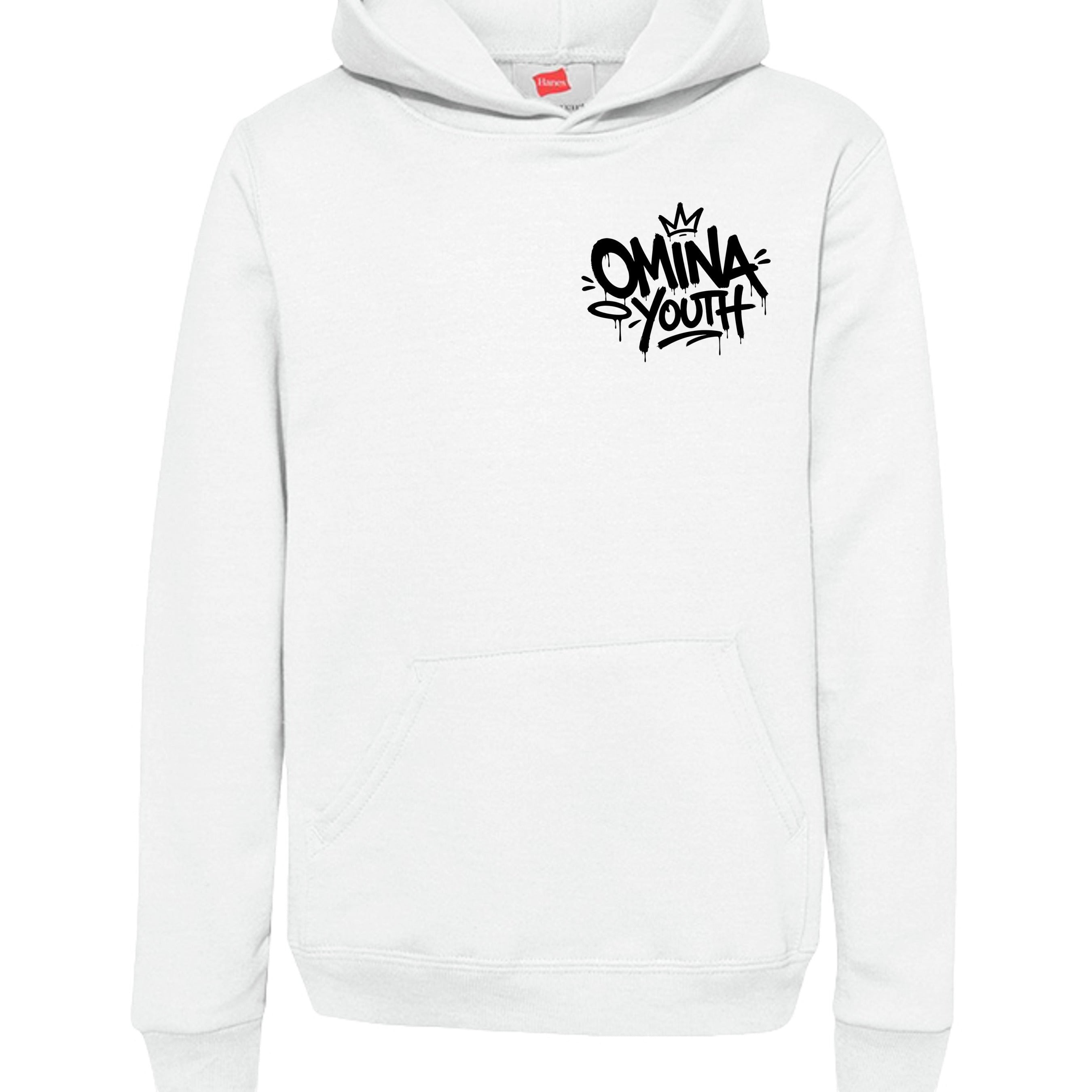 Omina Youth white heavyweight cotton hoodie with black graffiti-style logo on chest. Relaxed fit, streetwear style.