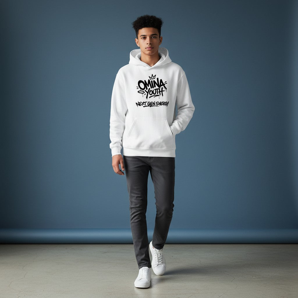 Omina Youth white cotton hoodie with black graffiti-style logo and text "NEXT GEN ENERGY".