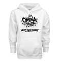 Omina Youth white cotton hoodie with black graffiti-style logo and "Next Gen Energy" text.