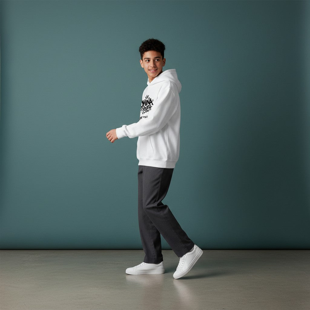 Omina Youth white cotton hoodie with black graffiti-style logo and "Next Gen Energy" text.